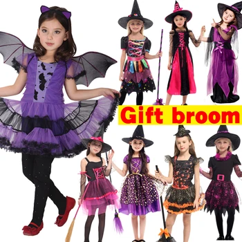  Halloween Detský Maškarný Fantasia Kostým Čarodejnice S Metlou Klobúk Vianoce Deti, Dievčatá, Pokrývku Hlavy Oblečenie Šaty Cosplay