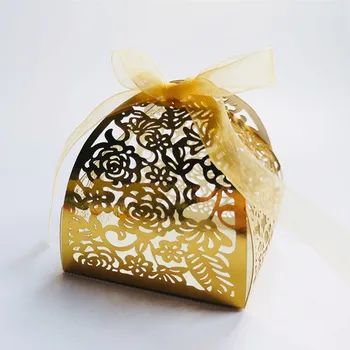  100/50/5 ks Gold Laserom Rezaných kvetov Dragee Candy Box Svadobné Darčeky pre Hostí Svadobné Zdvorilosti a Darček Čokoláda Box Balenie