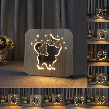  Firya Drevené Mačka Packa Psa Zvierat Nočné Svetlo Moon Star 3D LED Lampa USB Powered Stôl Svetlá pre malé Deti na Vianoce, Nový Rok, Darček